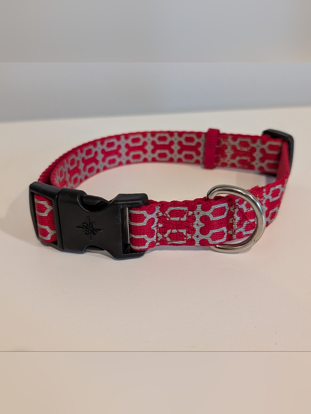 Red & Gray Dog Bone Patterned Dog Collar with Silver Hardware